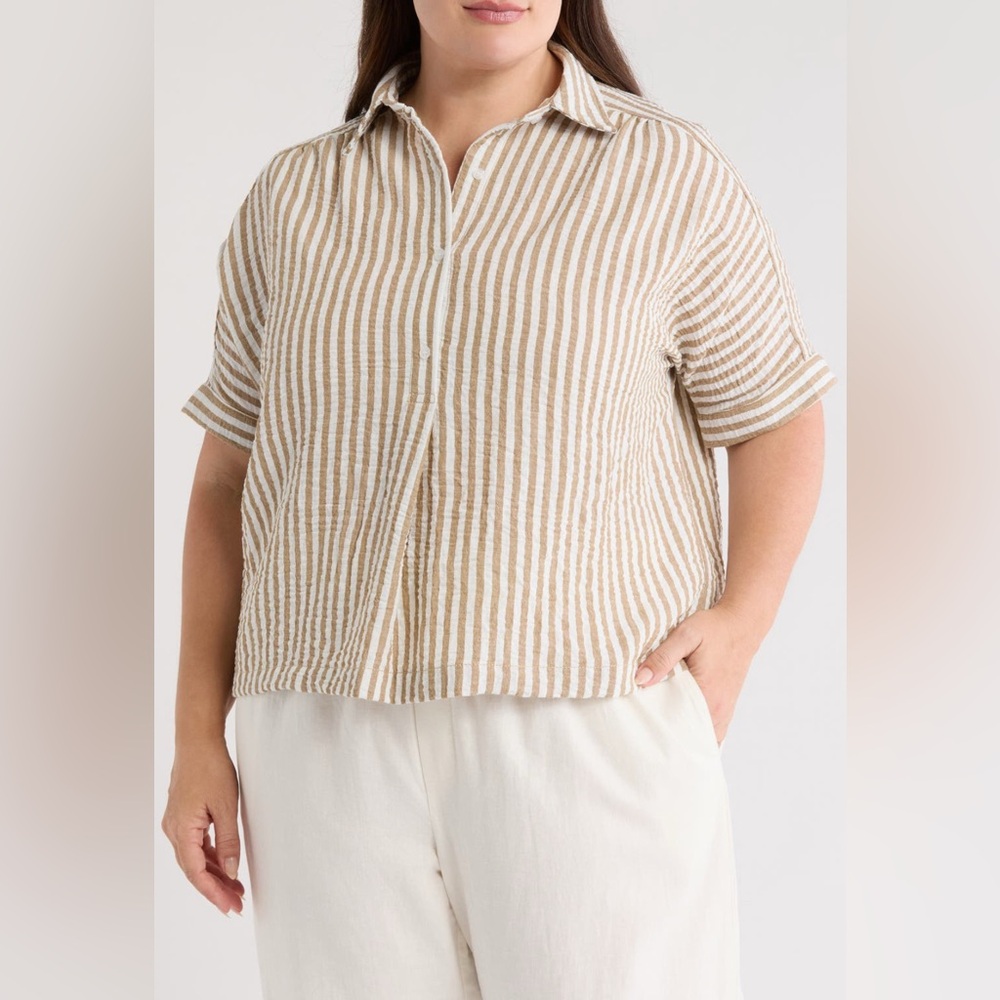 Max Studio Beige Striped Short Sleeve Textured Button Up Shirt- 3x- New with tag
